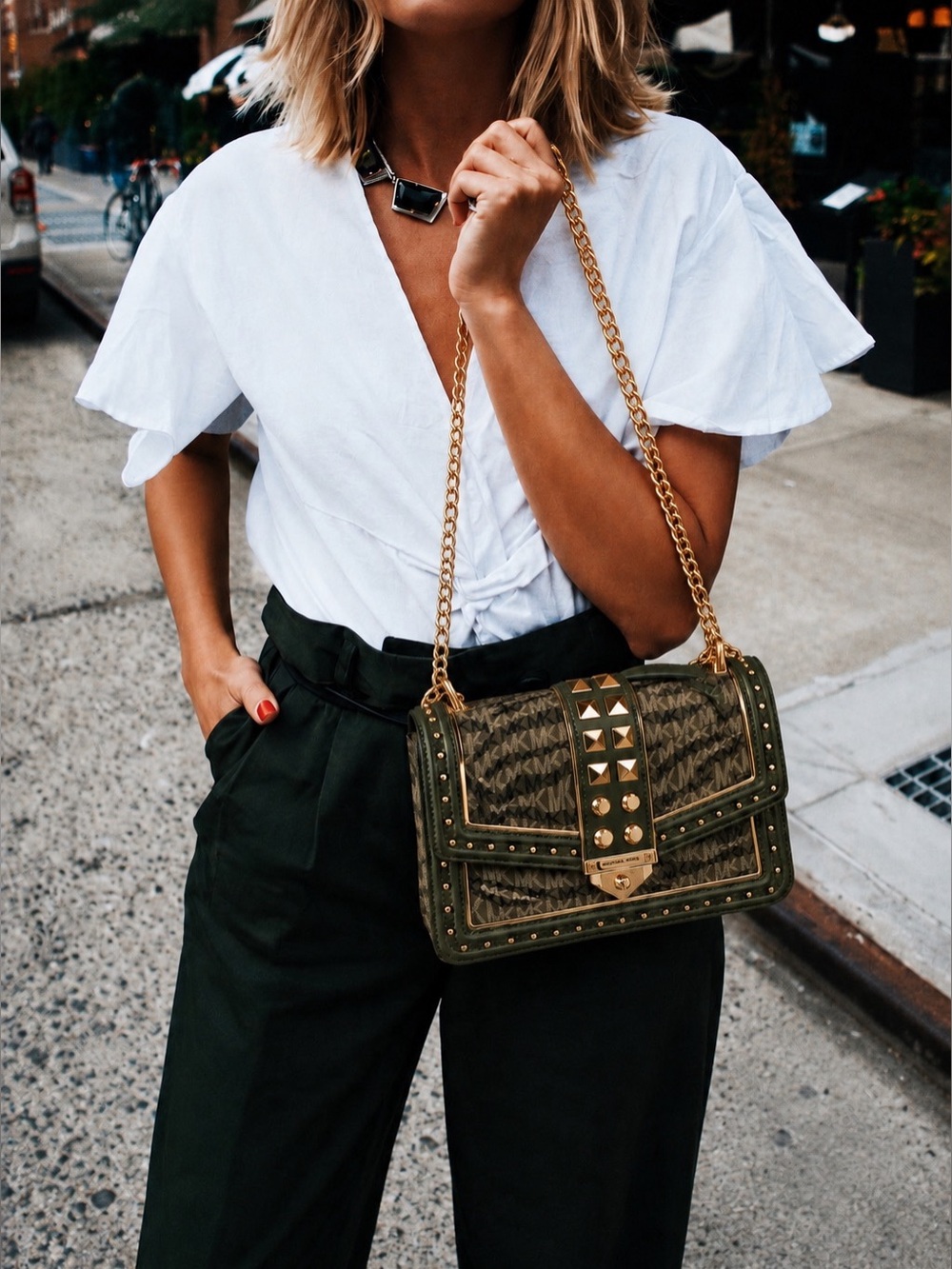 Michael  KORS Soho Studded Animal Print Frameout Gold Chain Olive Crossbody